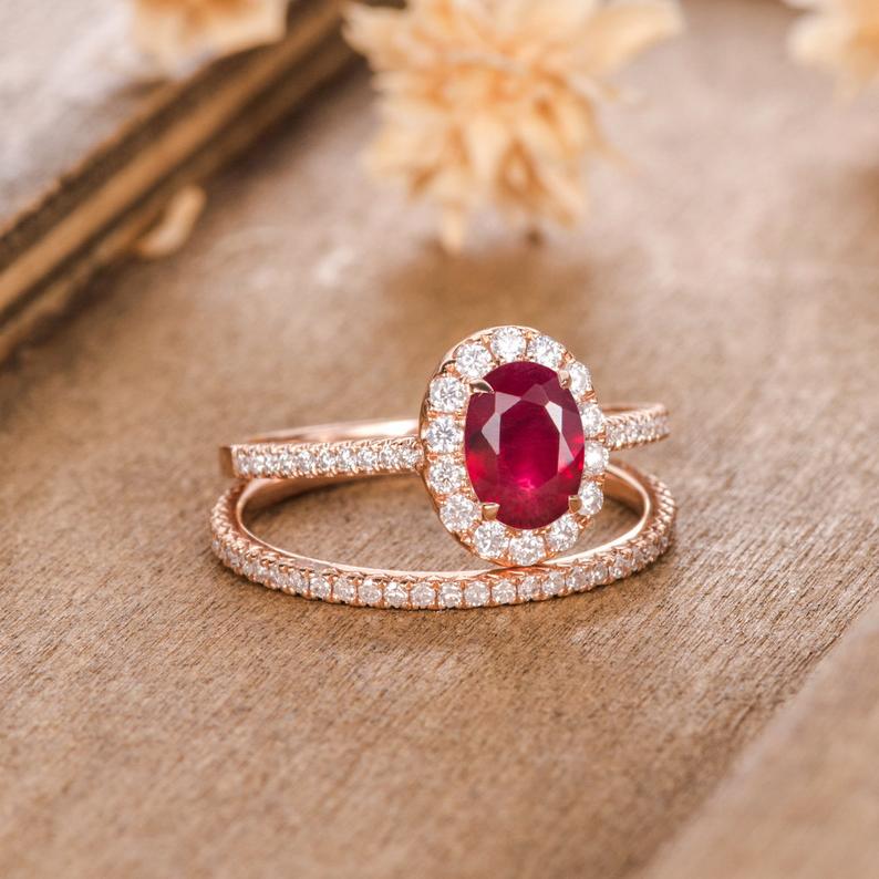 1 CT Oval Cut Pink Ruby Diamond Rose Gold Over On 925 Sterling Silver Halo Bridal Ring Set