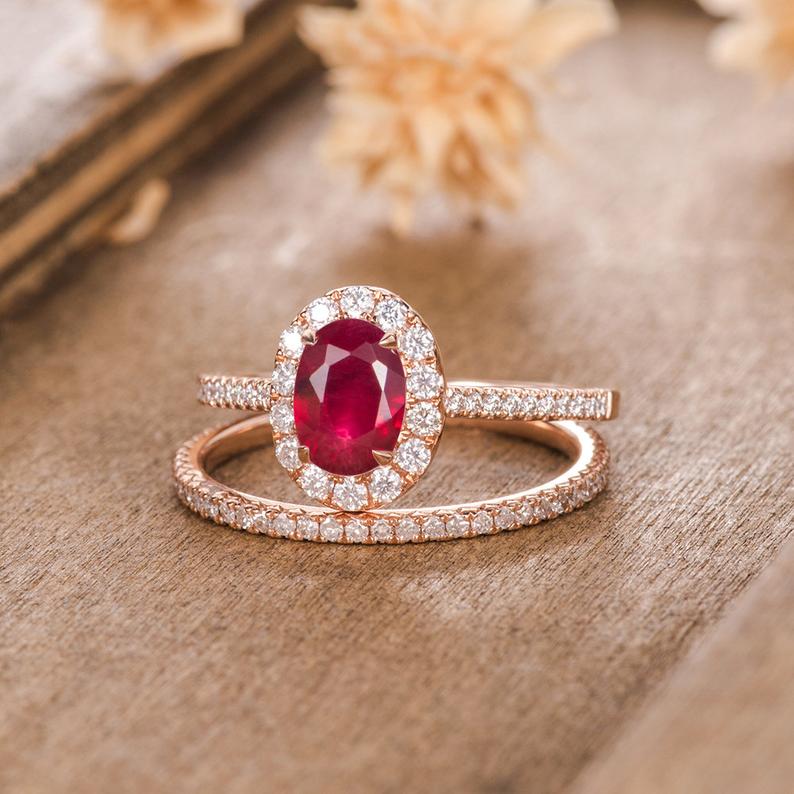 1 CT Oval Cut Pink Ruby Diamond Rose Gold Over On 925 Sterling Silver Halo Bridal Ring Set