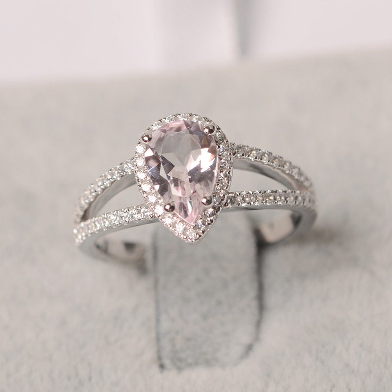 1.75 Ct Pear Cut Pink Morganite Split Shank Halo Engagement Ring In 925 Sterling Silver