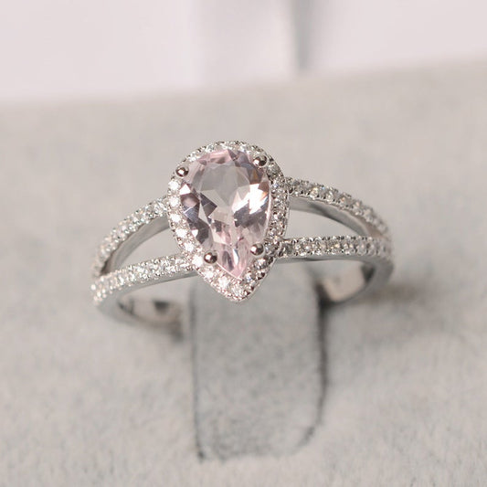 1.75 Ct Pear Cut Pink Morganite Split Shank Halo Engagement Ring In 925 Sterling Silver
