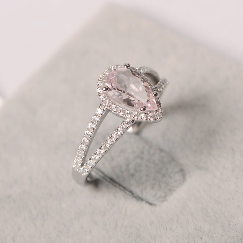 1.75 Ct Pear Cut Pink Morganite Split Shank Halo Engagement Ring In 925 Sterling Silver