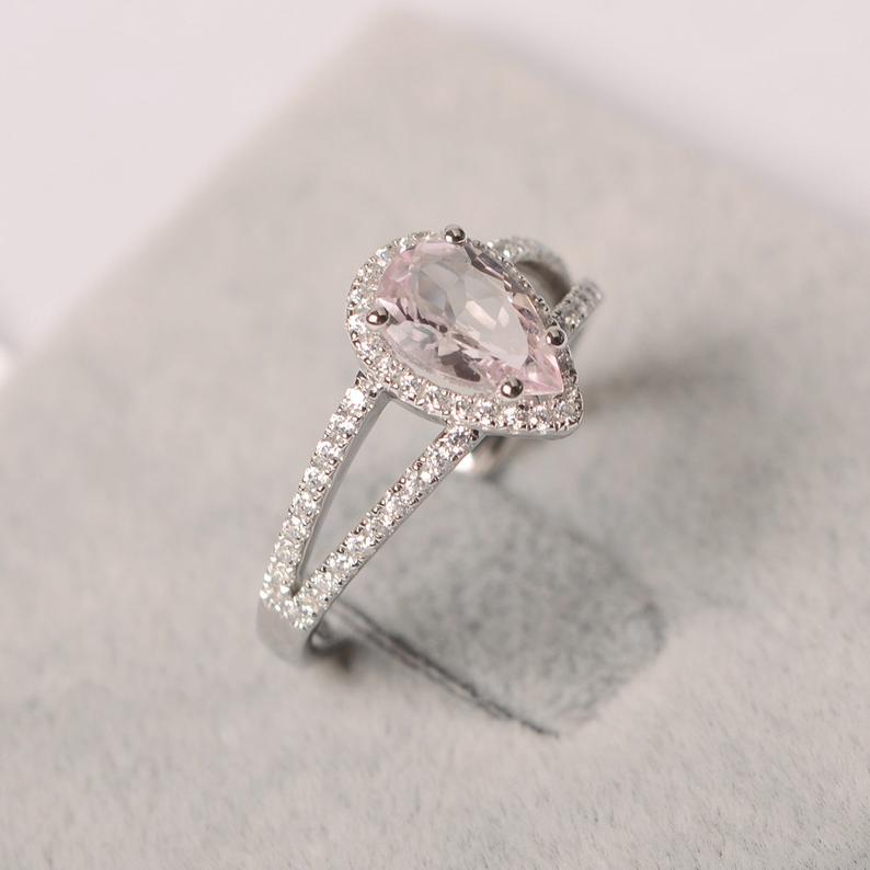 2.50 Ct Pear Cut Pink Morganite 925 Sterling Silver Split Shank Halo Engagement Ring
