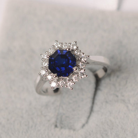 2.10 Ct Asscher Cut Blue Sapphire Diamond 925 Sterling Silver Floral Ring For Her - atjewels.in