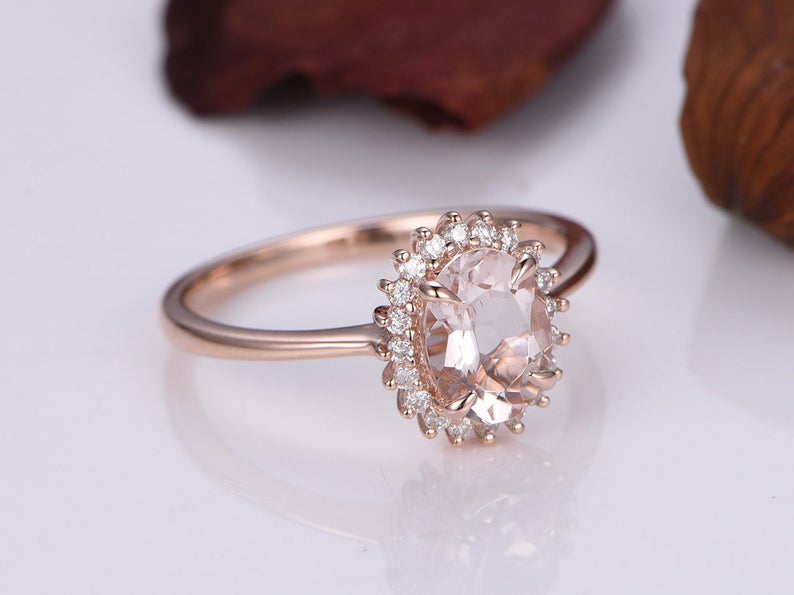 2 CT Oval Cut Morganite Diamond Rose Gold Over On 925 Sterling Silver Halo Anniversary Ring