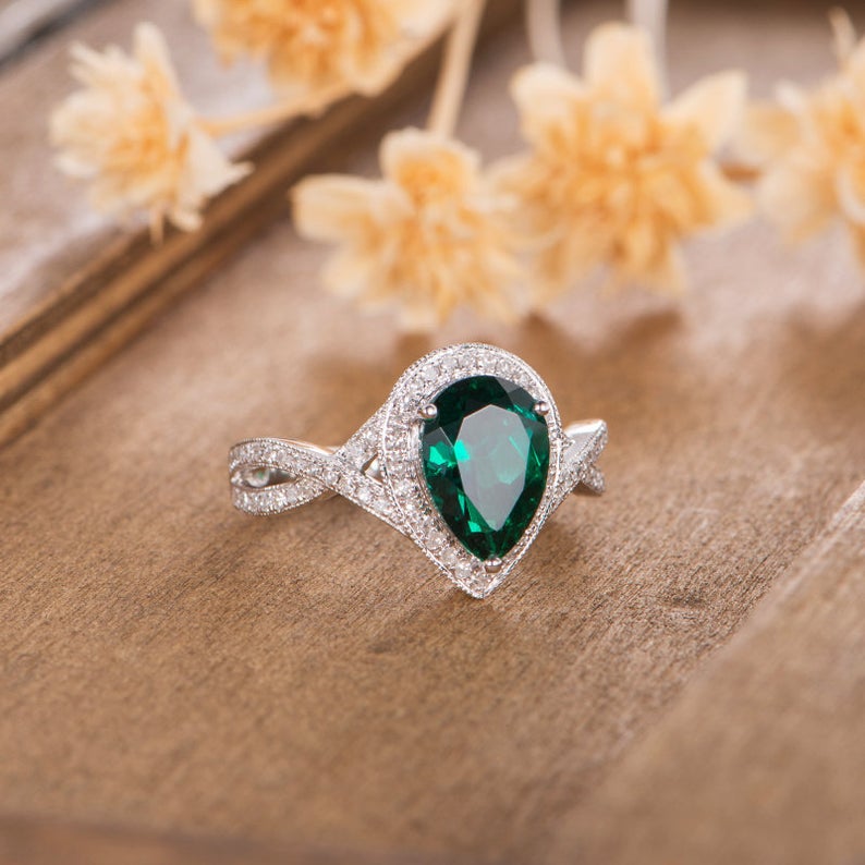 1 CT Pear Cut Green Emerald Diamond 925 Sterling Silver Infinity Band Bridal Women Ring