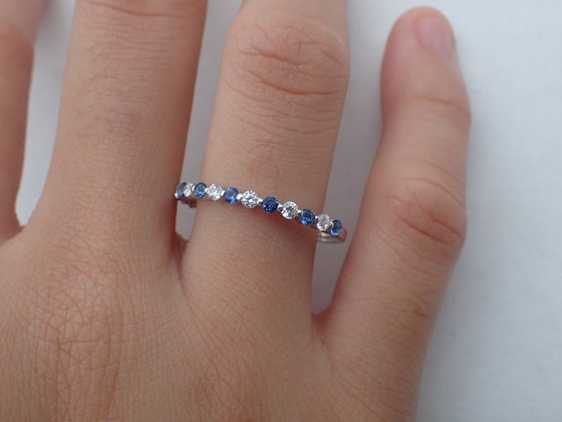 0.75 CT Round Cut Blue Sapphire Diamond 925 Sterling Silver Wedding Eternity Band Ring