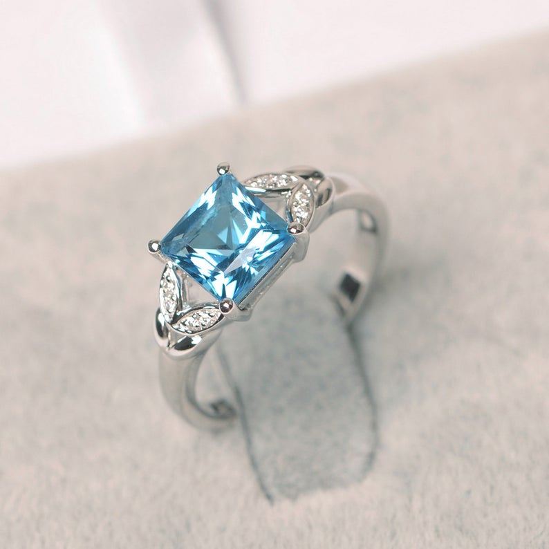 2.10 Ct Princess Cut Blue Topaz 925 Sterling Silver Solitaire W/Accents Engagement Ring
