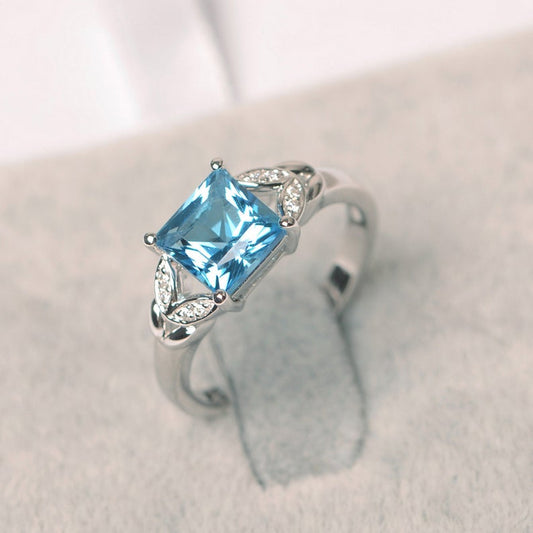 2.10 Ct Princess Cut Blue Topaz 925 Sterling Silver Solitaire W/Accents Engagement Ring