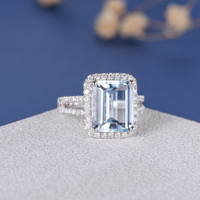 3 CT Emerald Cut Aquamarine Diamond 925 Sterling Silver Halo Engagement Ring Halo