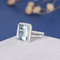 3 CT Emerald Cut Aquamarine Diamond 925 Sterling Silver Halo Engagement Ring Halo