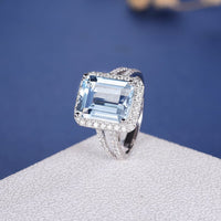 3 CT Emerald Cut Aquamarine Diamond 925 Sterling Silver Halo Engagement Ring Halo