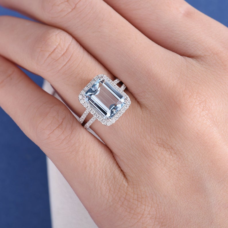 3 CT Emerald Cut Aquamarine Diamond 925 Sterling Silver Halo Engagement Ring Halo