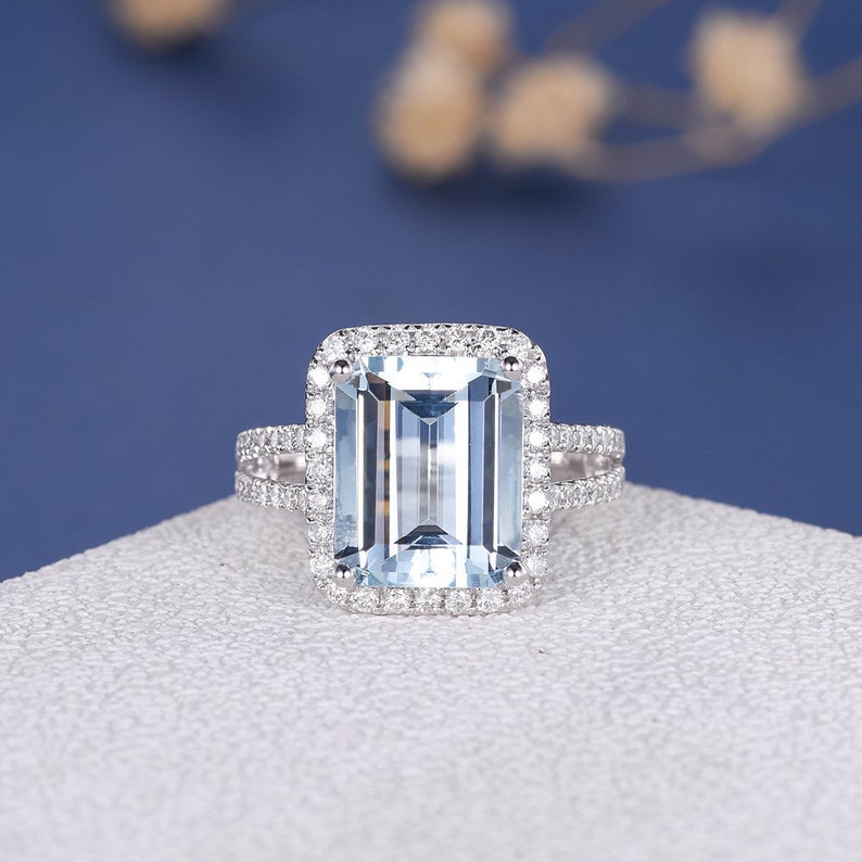 3 CT Emerald Cut Aquamarine Diamond 925 Sterling Silver Halo Engagement Ring Halo