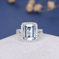 3 CT Emerald Cut Aquamarine Diamond 925 Sterling Silver Halo Engagement Ring Halo