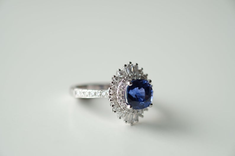 1 CT Cushion Cut Blue Sapphire Diamond 925 Sterling Silver Cluster Engagement Ring