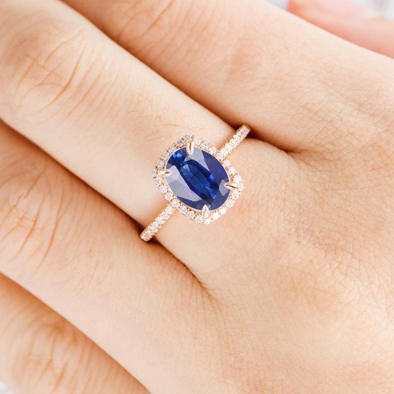 2.00 Ct Cushion Cut Blue Sapphire Rose Gold Over On 925 Sterling Silver Halo Engagement Ring