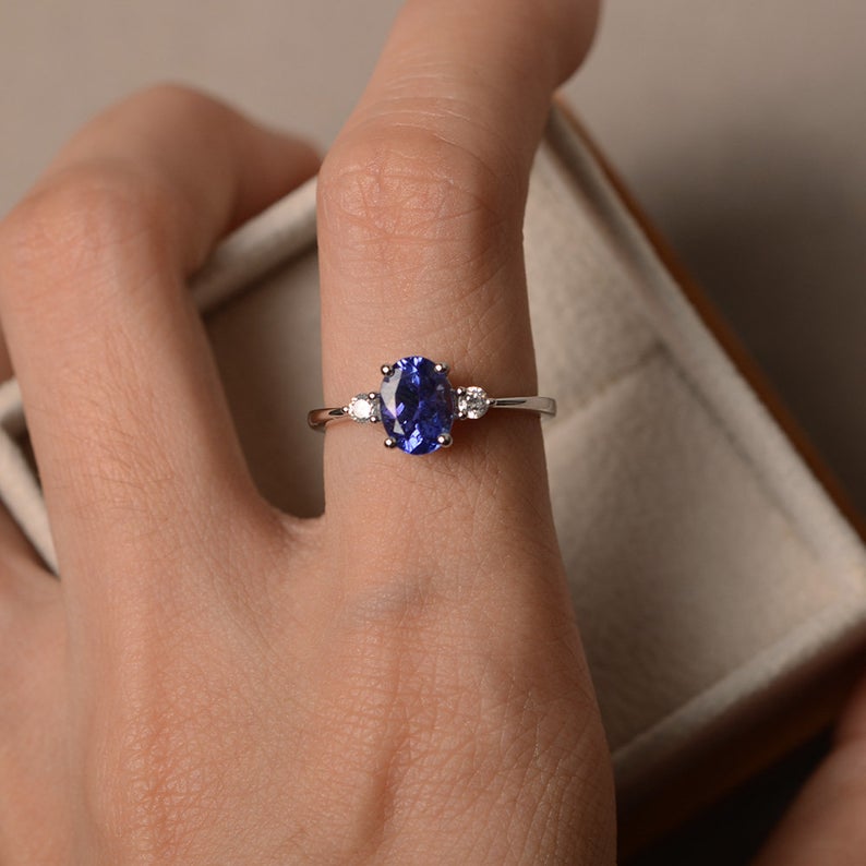 1.50 Ct Oval Cut Blue Tanzanite 925 Sterling Silver Three-Stone Promise Gift Ring