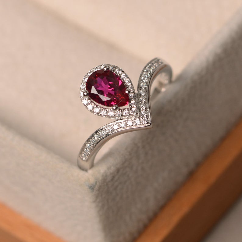 Ct Pear Cut Red Ruby 925 Sterling Silver Halo Engagement Wedding Band  Ring