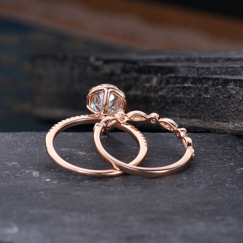 1 CT Pear Cut Diamond Rose Gold Over On 925 Sterling Silver Halo Wedding Bridal Ring Set