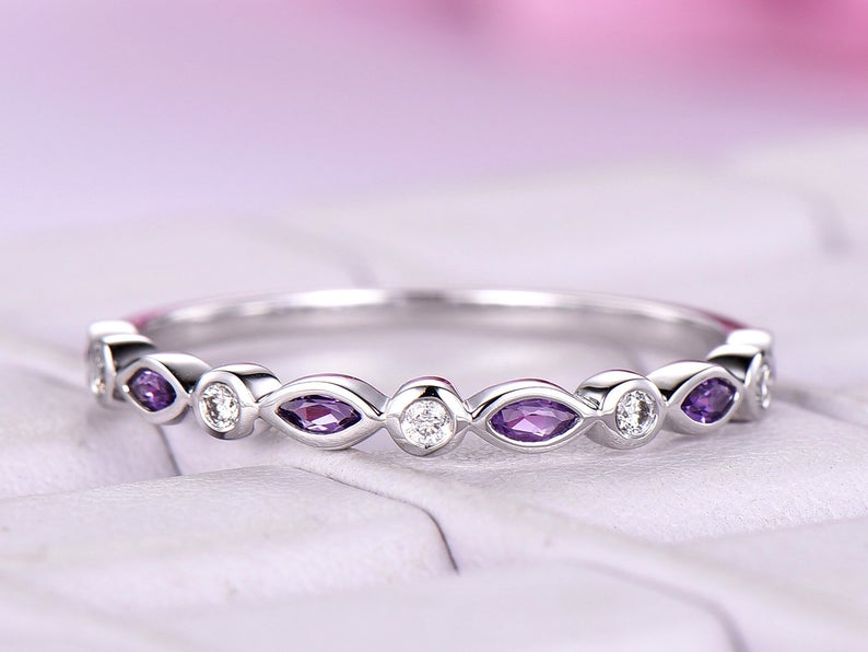 1.50 Ct Marquise Cut Purple Amethyst 925 Sterling Silver Half Eternity Promise Band Ring