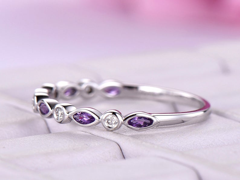 1.50 Ct Marquise Cut Purple Amethyst 925 Sterling Silver Half Eternity Promise Band Ring