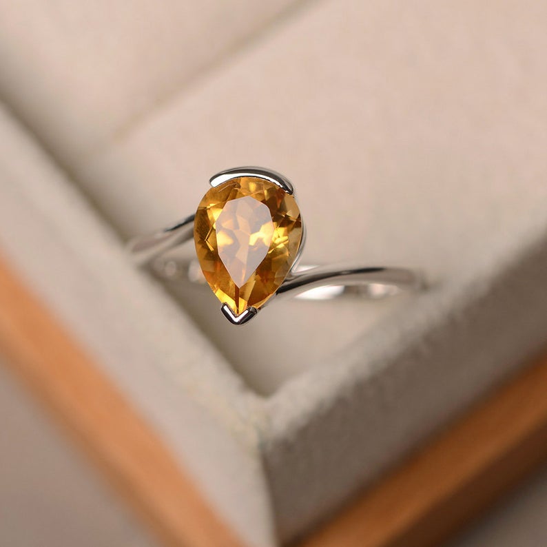 1.20 Ct Pear Cut Yellow Citrine 925 Sterling Silver Bezel Set November Birthstone Solitaire Ring