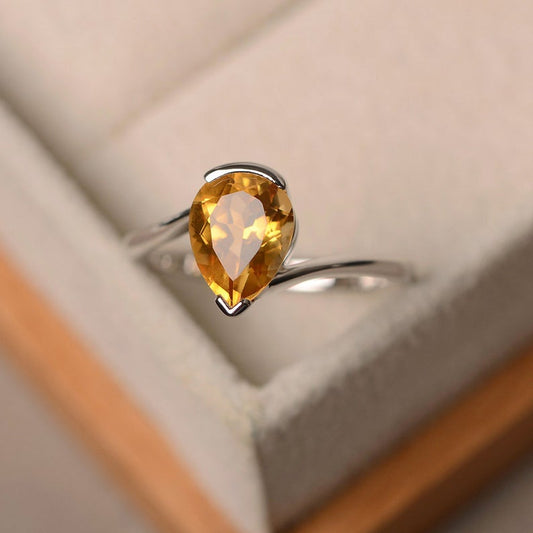 1.20 Ct Pear Cut Yellow Citrine 925 Sterling Silver Bezel Set November Birthstone Solitaire Ring