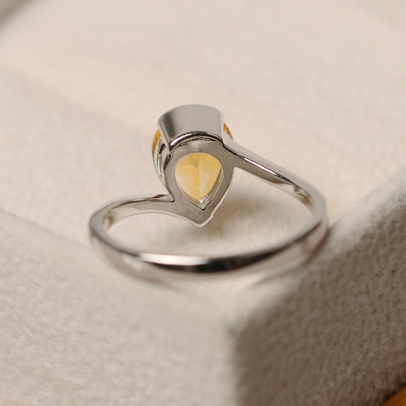 1.20 Ct Pear Cut Yellow Citrine 925 Sterling Silver Bezel Set November Birthstone Solitaire Ring