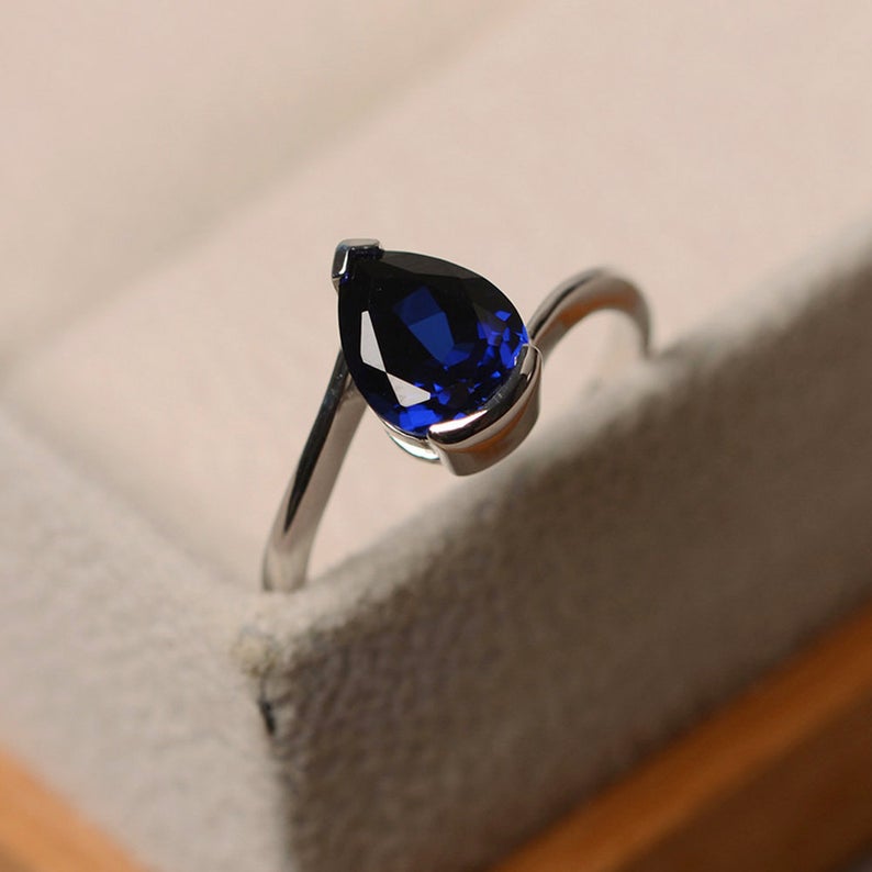 1.00 Ct Pear Cut Blue Sapphire 925 Sterling Silver Solitaire September Birthstone Ring