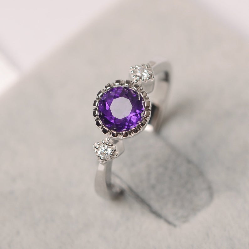 1.20 Ct Round Cut Purple Amethyst & White CZ Three-Stone Promise Ring In 925 Sterling Silver