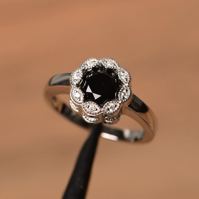 1.00 Ct Round Cut Black Diamond Floral Anniversary Gift Ring In 925 Sterling Silver - atjewels.in