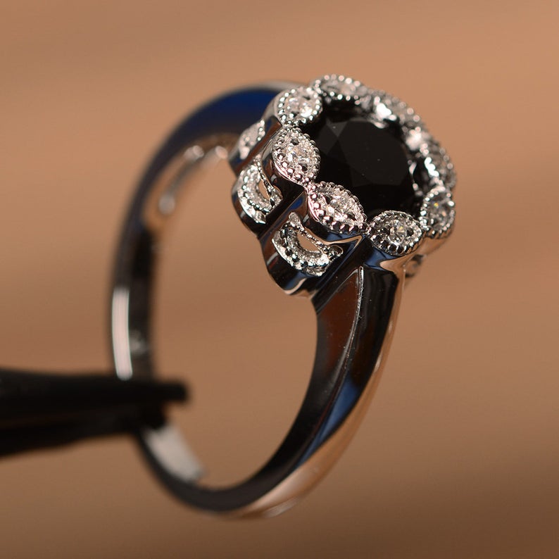 1.00 Ct Round Cut Black Diamond Floral Anniversary Gift Ring In 925 Sterling Silver - atjewels.in