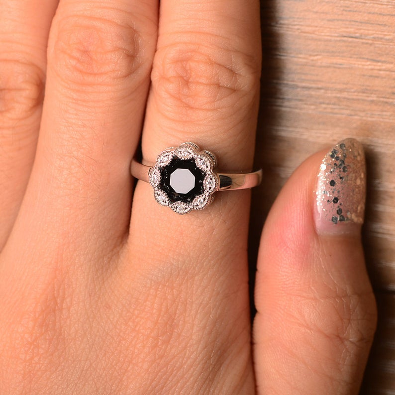 1.00 Ct Round Cut Black Diamond Floral Anniversary Gift Ring In 925 Sterling Silver - atjewels.in
