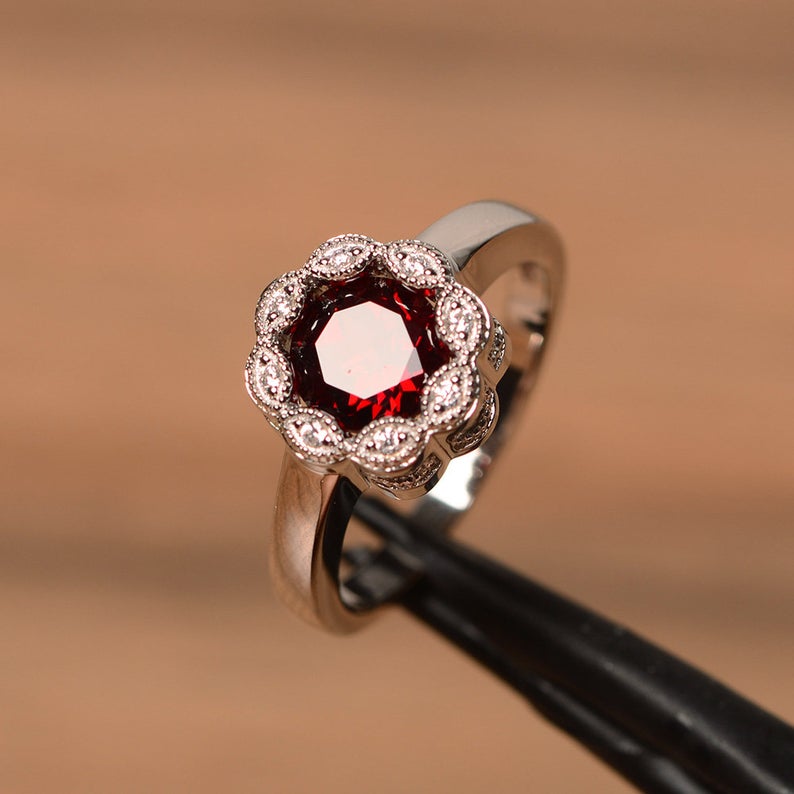 1.00 Ct Round Cut Red Garnet 925 Sterling Silver Floral Engagement Ring For Her