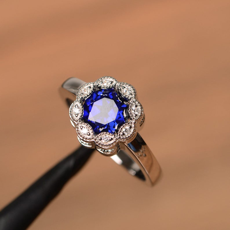 1.25 Ct Round Cut Blue Sapphire Floral Anniversary Gift Ring In 925 Sterling Silver