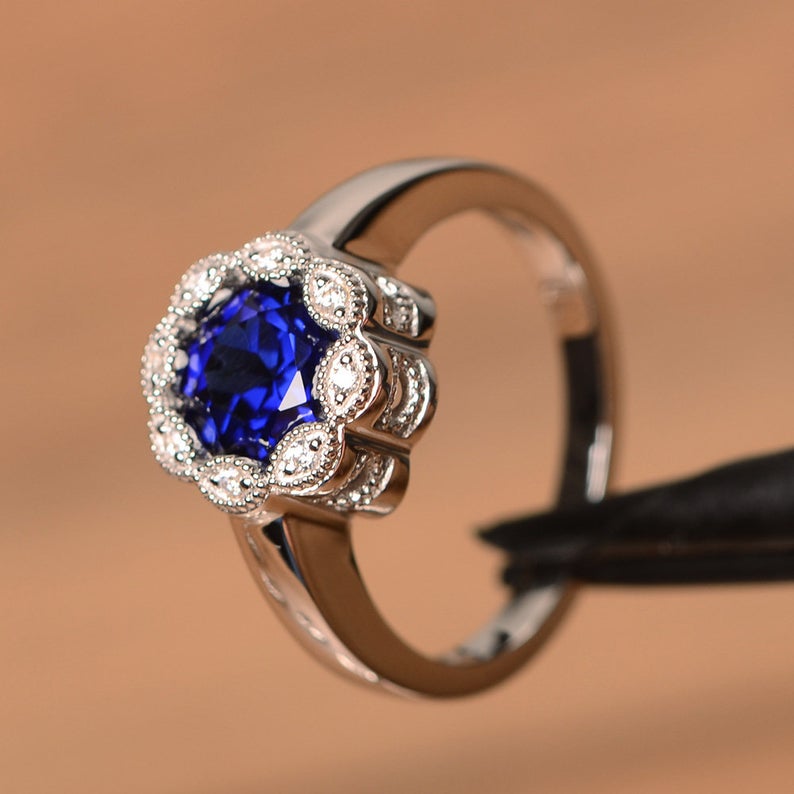 1.25 Ct Round Cut Blue Sapphire Floral Anniversary Gift Ring In 925 Sterling Silver