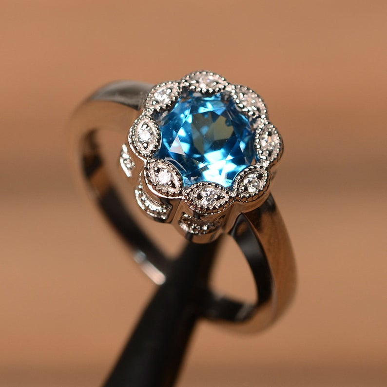 1.00 Ct Round Cut Blue Topaz Floral Anniversary Gift Ring In 925 Sterling Silver