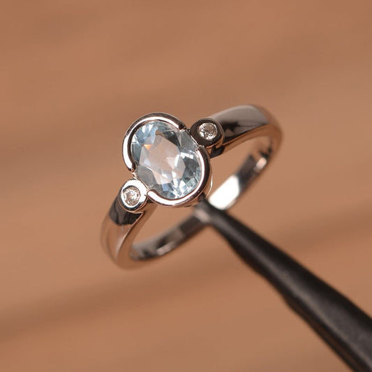 1.20 Ct Oval Cut Aquamarine & Round CZ Three-Stone Promise Ring 925 Sterling Silver