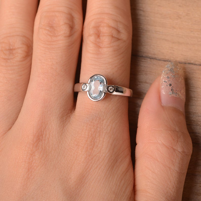 1.20 Ct Oval Cut Aquamarine & Round CZ Three-Stone Promise Ring 925 Sterling Silver