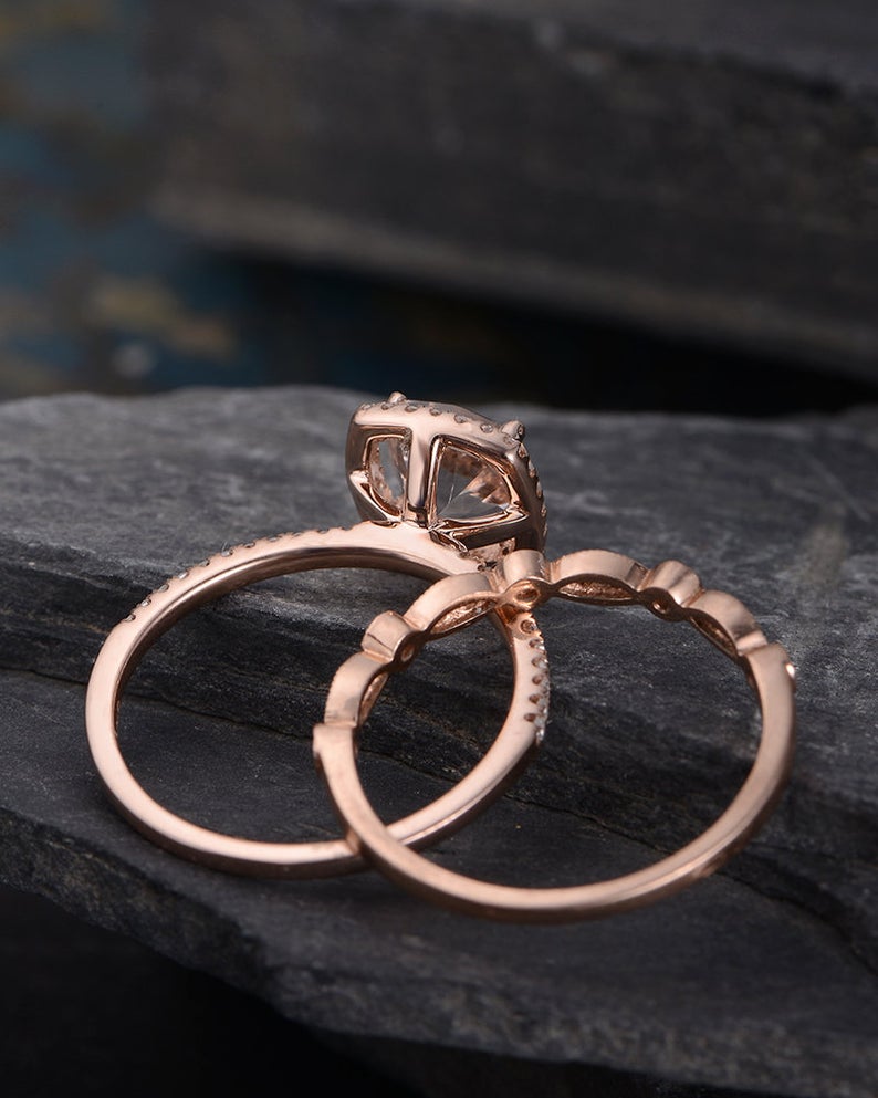 1 CT Cushion Cut Morganite Rose Gold Over On 925 Sterling Silver Halo Bridal Ring Set