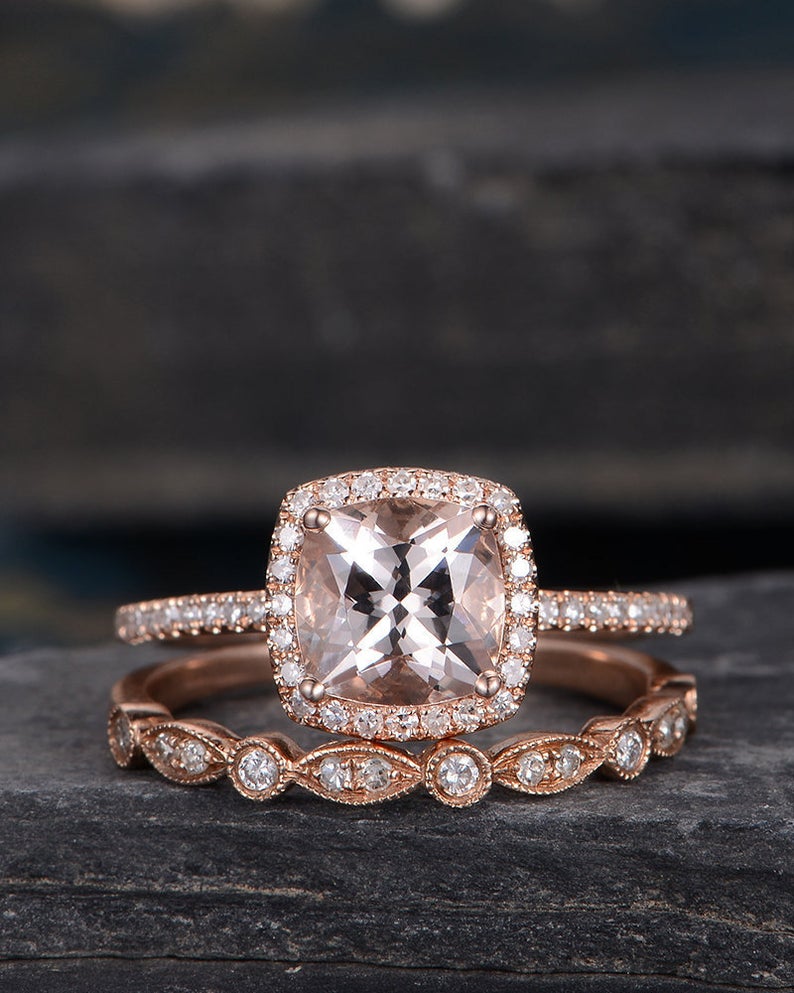 1 CT Cushion Cut Morganite Rose Gold Over On 925 Sterling Silver Halo Bridal Ring Set