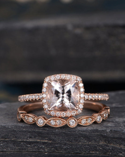 1 CT Cushion Cut Morganite Rose Gold Over On 925 Sterling Silver Halo Bridal Ring Set