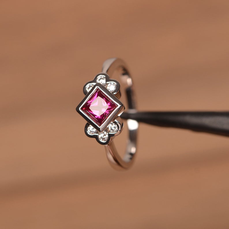 1.20 Ct Princess Cut Red Ruby 925 Sterling Silver Unique Solitaire W/Accents Promise Ring