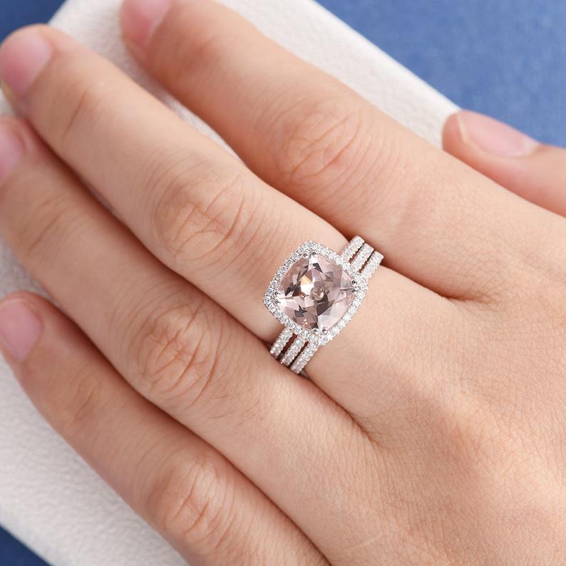 1 CT Cushion Cut Morganite Diamond 925 Sterling Silver Halo Trio Wedding Ring Set