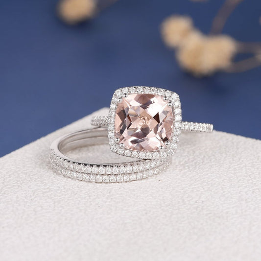 1 CT Cushion Cut Pink Morganite Diamond White Gold Over On 925 Sterling Silver Trio Ring Set