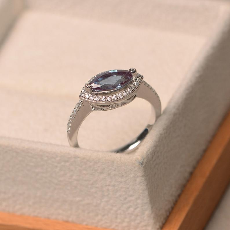 1.50 Ct Marquise Cut Purple Alexandrite 925 Sterling Silver Halo June Birthstone Ring