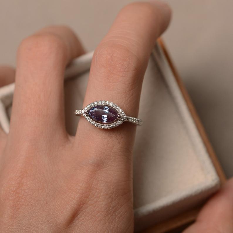 1.50 Ct Marquise Cut Purple Alexandrite 925 Sterling Silver Halo June Birthstone Ring