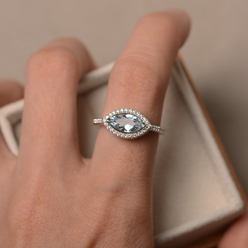 1 CT Marquise Cut Aquamarine Diamond 925 Sterling Silver Halo Promise Ring