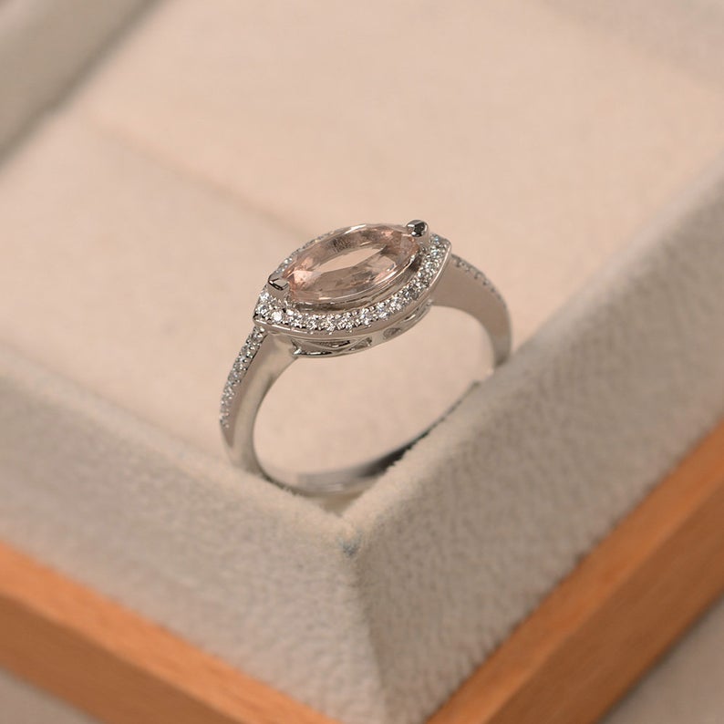 1.75 Ct Marquise Cut Peach Morganite 925 Sterling Silver Halo Engagement Ring