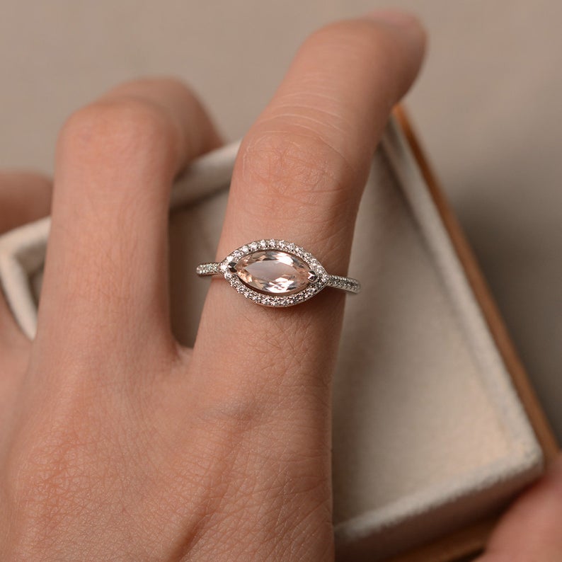 1.75 Ct Marquise Cut Peach Morganite 925 Sterling Silver Halo Engagement Ring